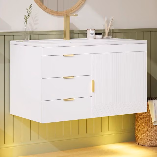 Mobile bagno sospeso con lavabo LED controllabile tramite app in MDF bianco