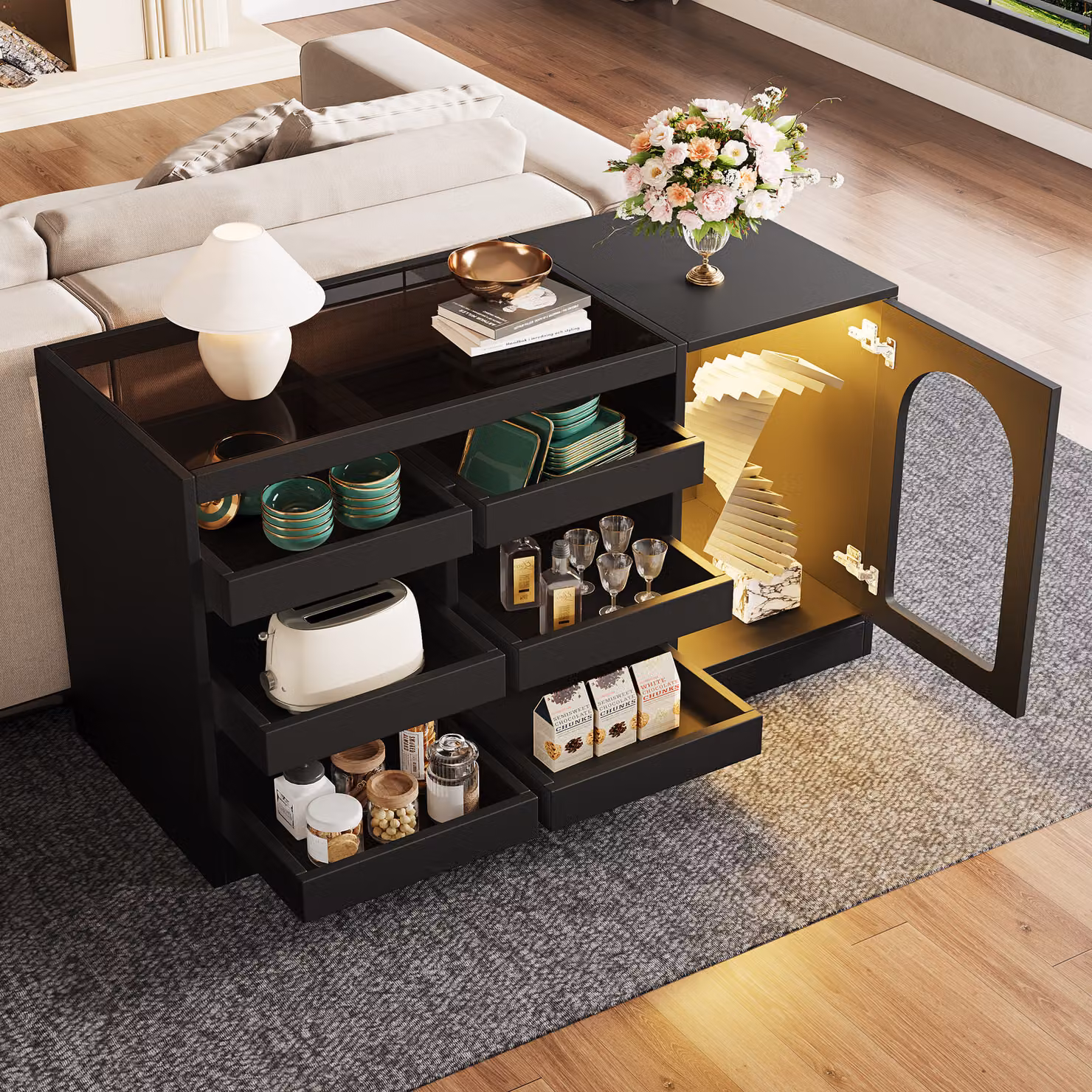 Mobile contenitore STILVORA per soggiorno, con 6 cassetti, comò, mobiletto laterale con piedini regolabili, credenza bianca, design tridimensionale delle ante