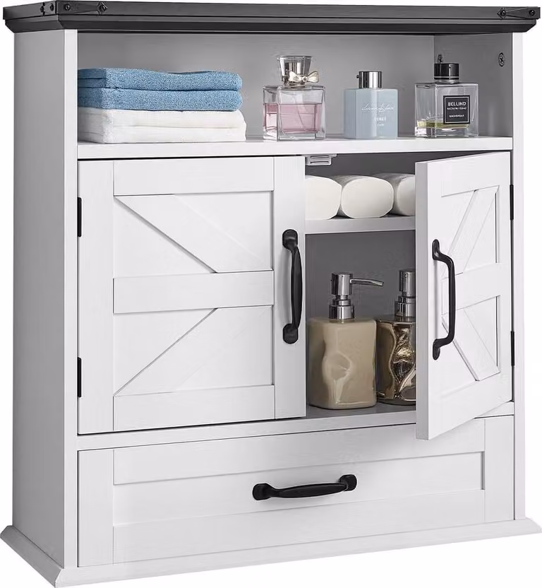Mobile da bagno a muro, 2 ante e ripiano regolabile, armadietto porta medicinali da appendere sopra il WC, organizer sospeso con cassetto e scomparto aperto per lavanderia, cucina e bagno, bianco