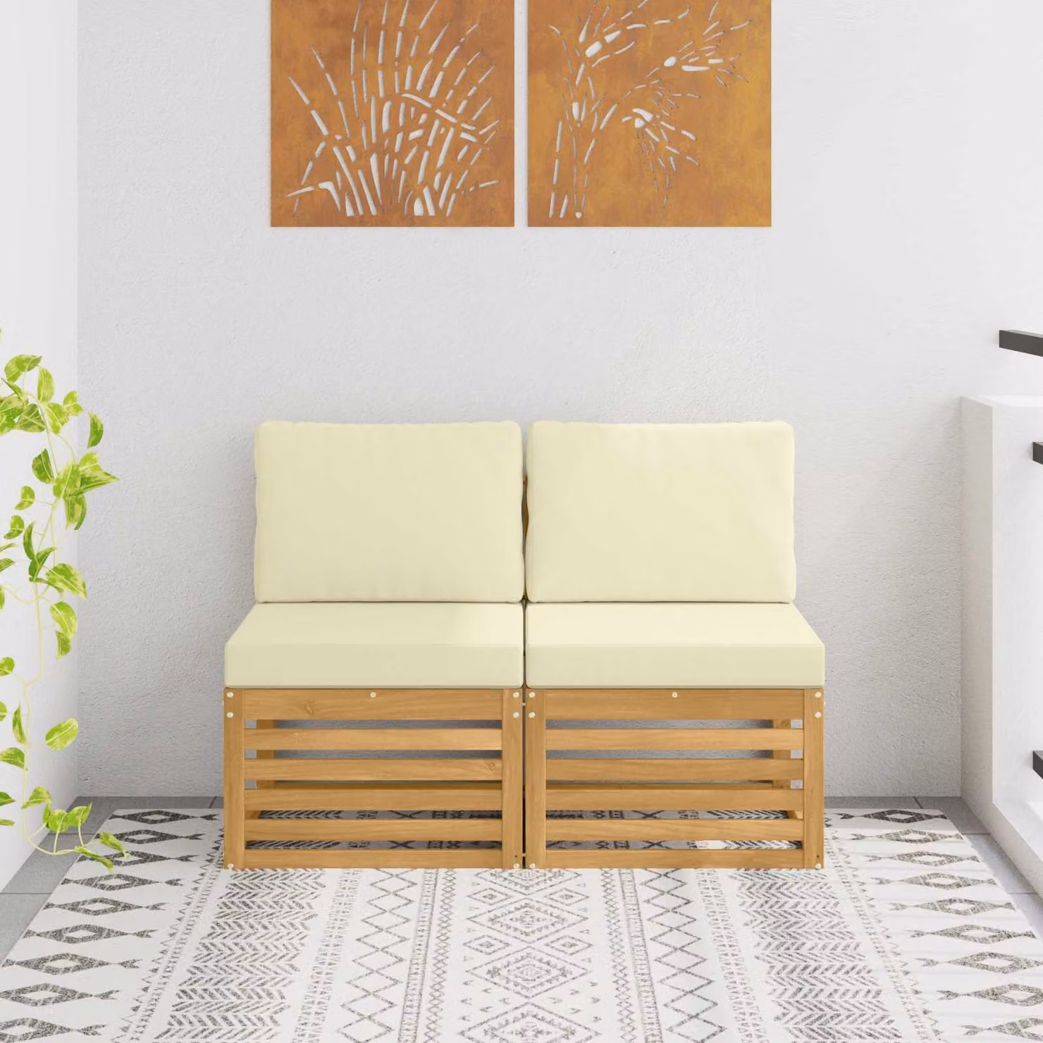 Set di 2 divani centrali da esterno vidaXL in legno di acacia massello con cuscini beige e bianchi