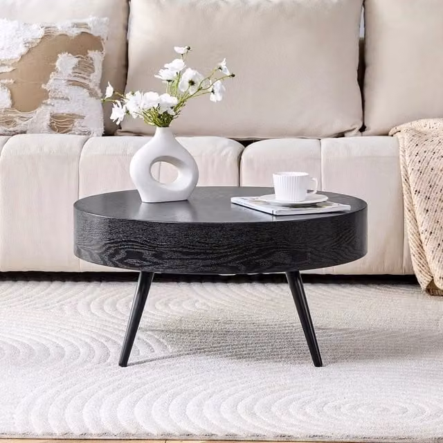Tavolino da caffè rotondo MINIMAL nero in MDF e metallo, Diametro: 70 cm, Altezza: 35,5 cm
