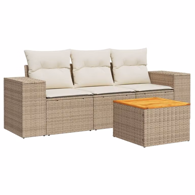 Set Divano da Giardino 4 pz con Cuscini Beige in Polyrattan