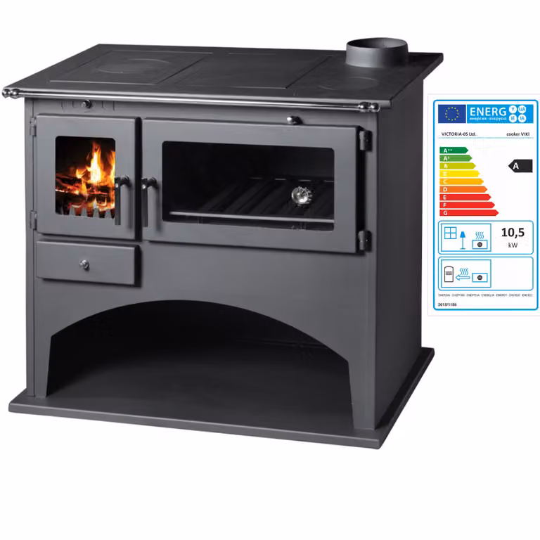 Stufa a legna Viki V05 – 10,5 kW, con forno, termometro e piastra di cottura – Classe A