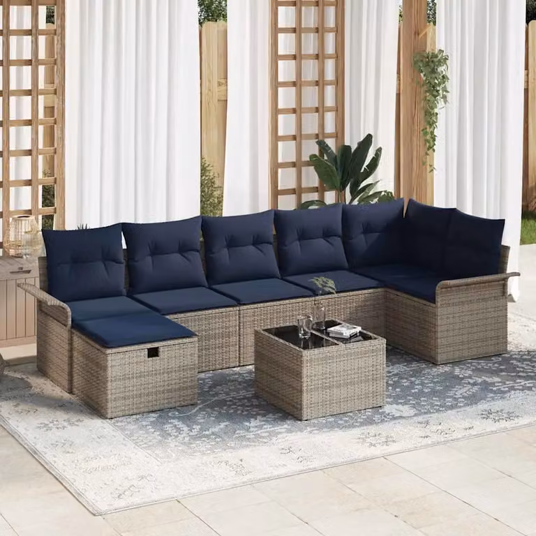 Set Divano da Giardino vidaXL 8 pz in Rattan con Cuscini e Tavolino, Struttura in Acciaio Verniciato a Polvere, Colore Marrone, Beige o Blu