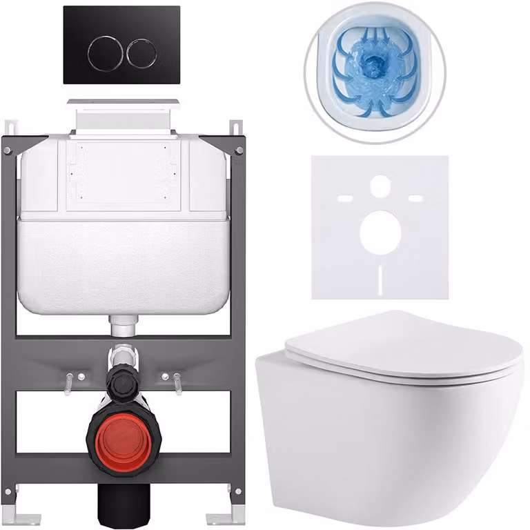 Set completo per WC sospeso "Cesso" - bianco opaco - pulsante Prime/Dualo, nero - comando superiore - installazione a muro/con pannello di cartongesso - 49x36 cm