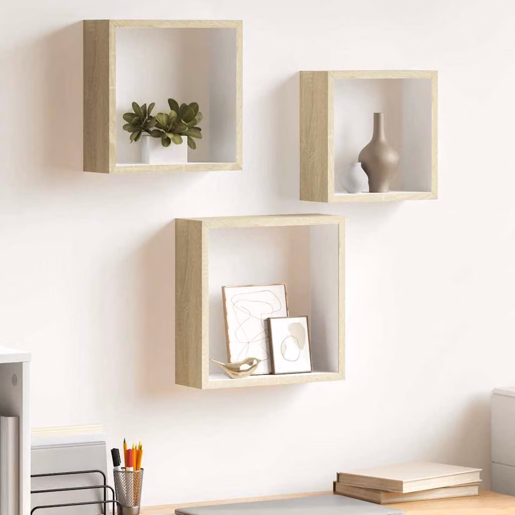 Set di 3 mensole a cubo da parete vidaXL in MDF, design moderno, colore bianco e beige