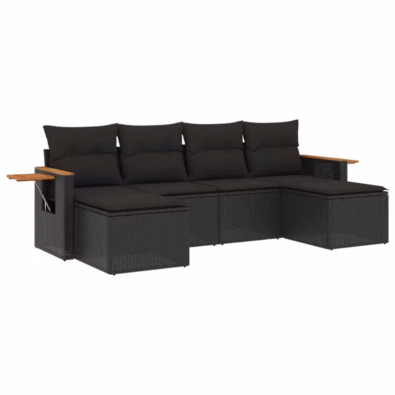 Set Divano da Giardino 6 pz con Cuscini Nero in Polyrattan