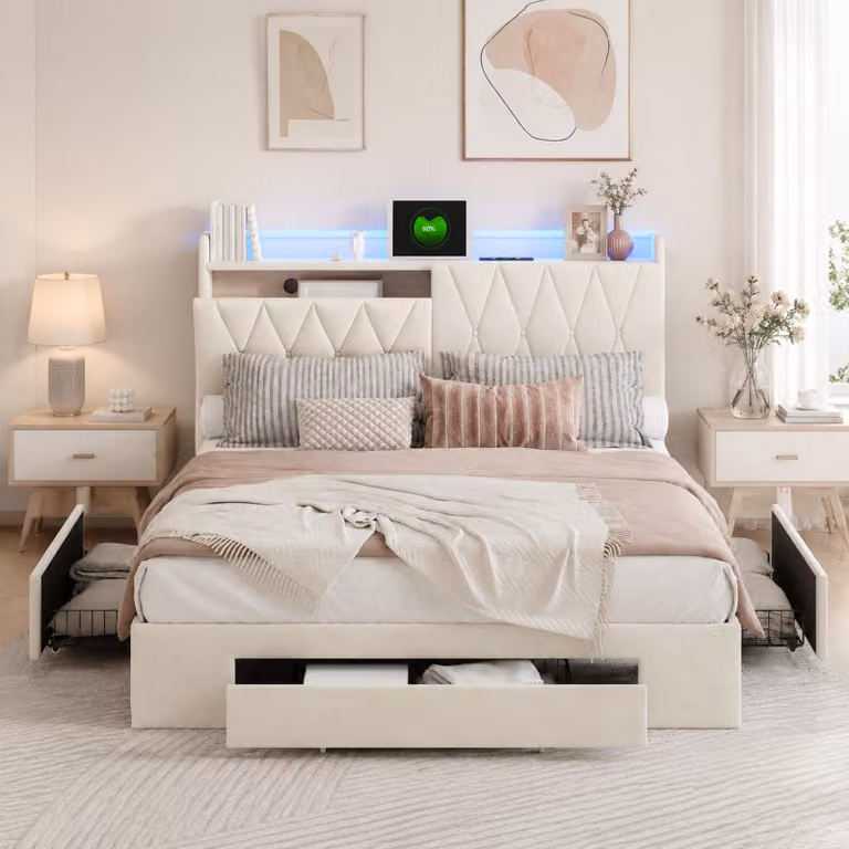 Letto a castello per giovani INONEFT, dimensioni 140x200 cm, con imbottitura, luci LED e porta USB Type-C, contenitore con 3 cassetti, rete a doghe e prese di corrente, rivestito in velluto color beige