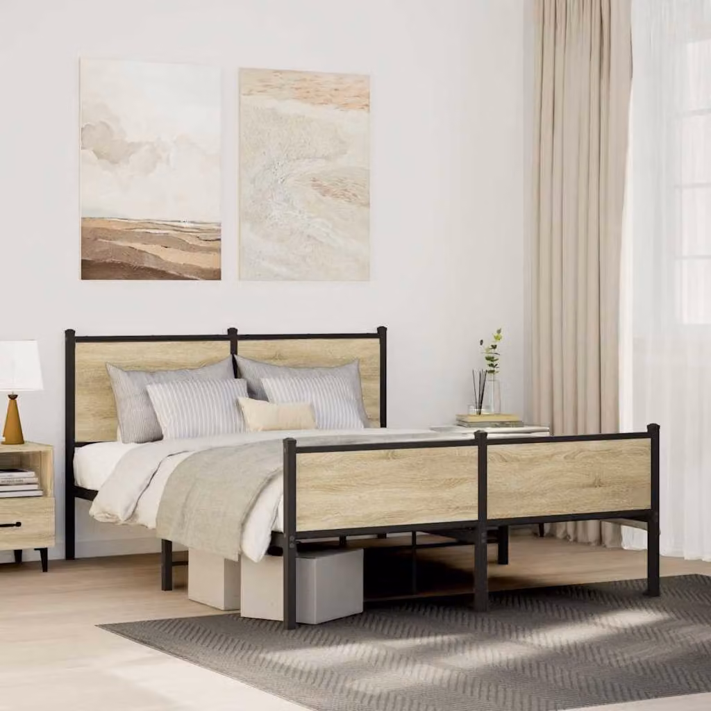 Giroletto in metallo vidaXL con doghe fisse, colore Rovere Sonoma, L: 142 cm, P: 196 cm, H: 91,5 cm
