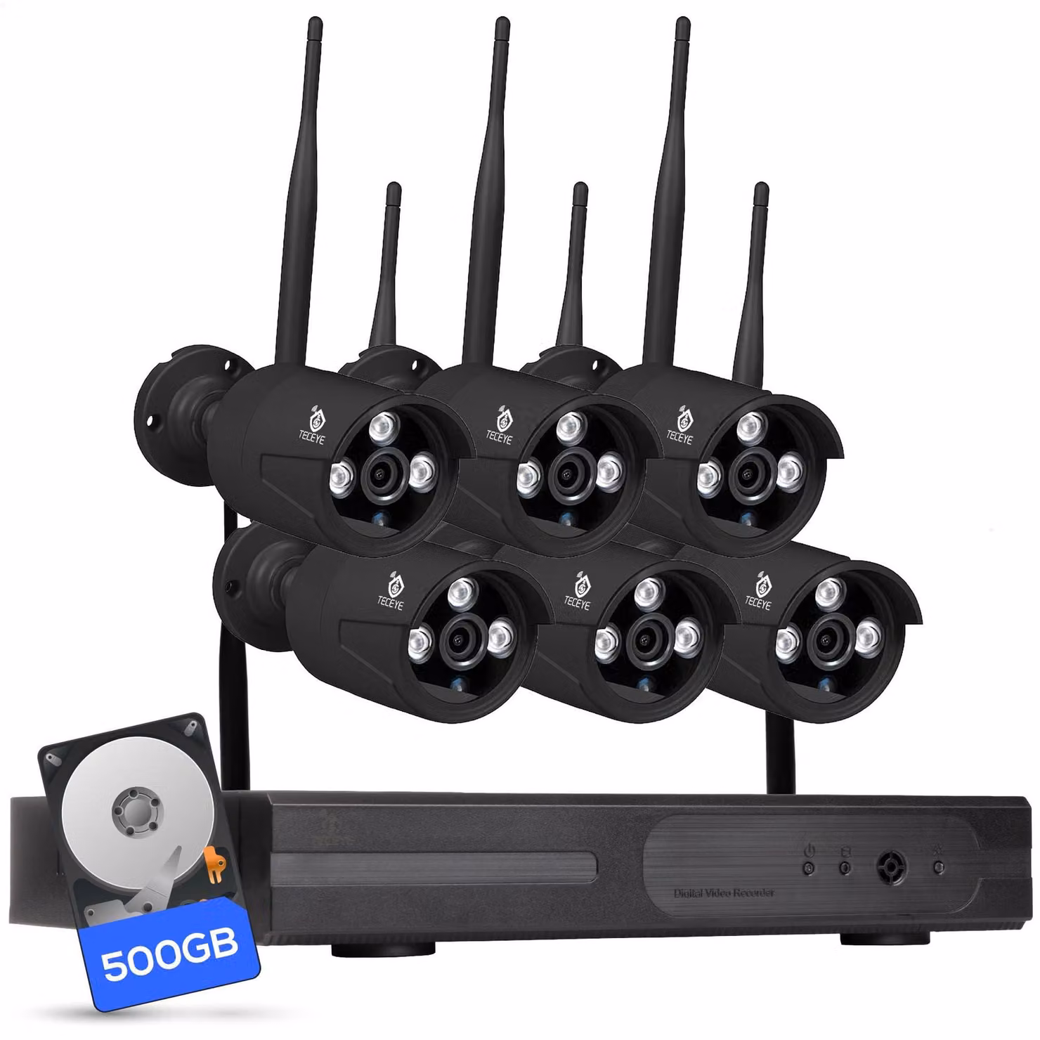 Kit di telecamere di sicurezza per esterni - 6 telecamere da 3MP - HDD da 500 GB - Wireless WiFi - Visione notturna