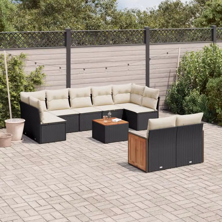 vidaXL Set Divani da Giardino a L 10pz in Polyrattan Nero con Cuscini e Tavolino da Esterno