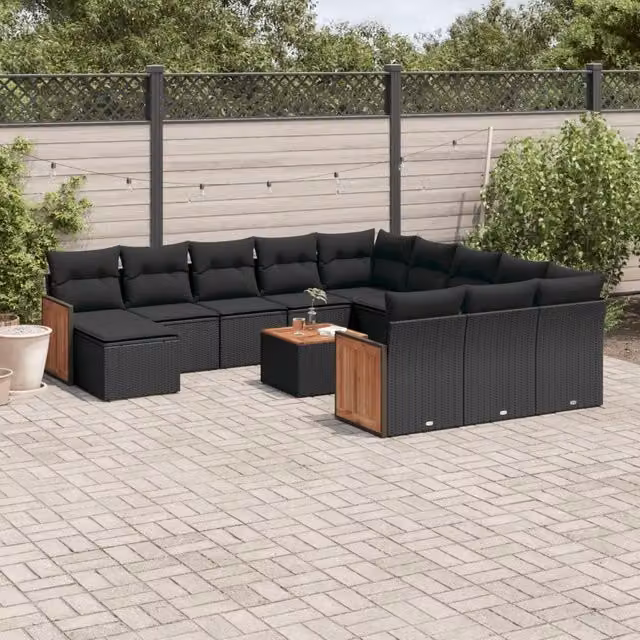 Set di Divani da Giardino a L vidaXL in Polyrattan Nero con Cuscini e Tavolino da Esterno – 1