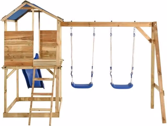 Set da gioco da esterno vidaXL con torre di gioco, scivolo e altalena in legno di pino, multicolore, L: 300 cm, P: 220 cm, H: 220 cm