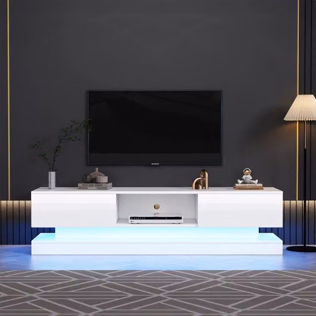 Mobile TV bianco lucido 160x35x40,5 cm con LED e controllo app, 2 cassetti, design anti-ribaltamento, per TV fino a 60 pollici