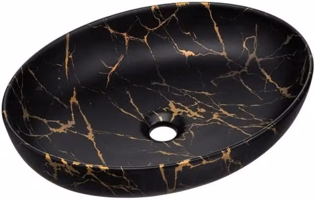 Lavabo da appoggio ovale 52x39,5 cm nero e dorato effetto marmo in ceramica