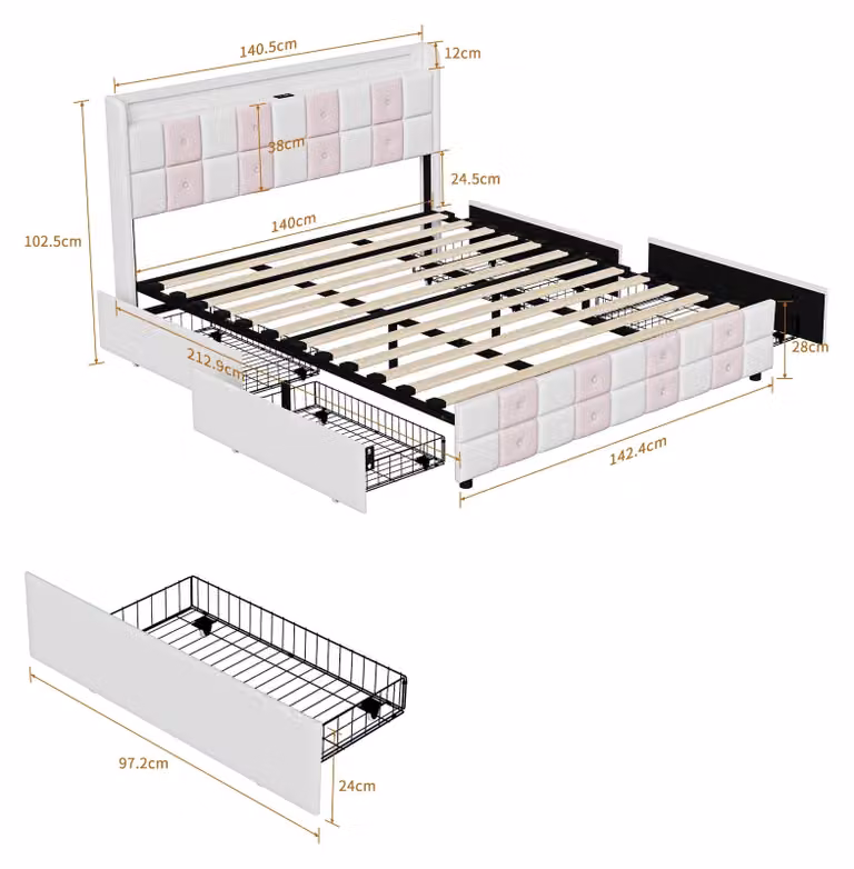 Letto imbottito - Letto matrimoniale - 4 cassetti - Porta USB - Illuminazione LED - Tessuto velluto - 140 x 200 cm - Bianco/Rosa