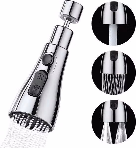 Rubinetto da cucina con 3 posizioni - Rotazione a 360 gradi - Risparmio idrico - Realizzato in zinco - Argento - Flessibile