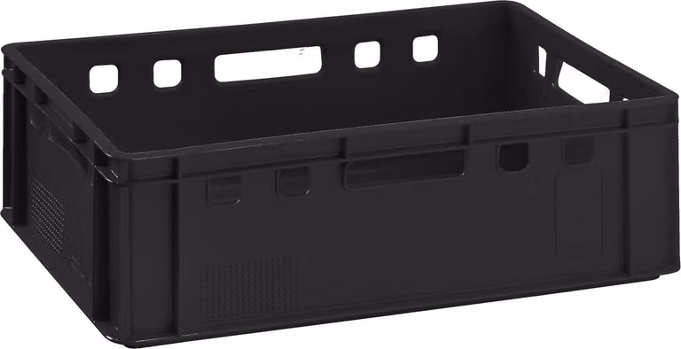 Contenitore in plastica nera Fleischkiste E2, dimensioni 60x40x20 cm. Contenitore di stoccaggio Eurobox prodotto in Germania, adatto per alimenti, robusto e impilabile