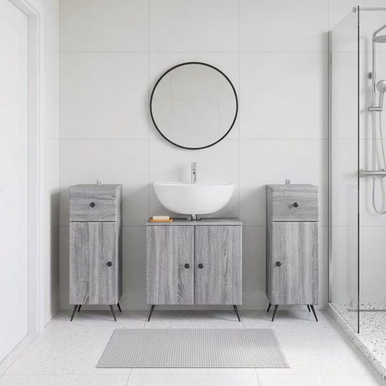 Set di armadietti da bagno 3 pezzi vidaXL BREDA Sonoma grigio con mobile lavabo e pensili