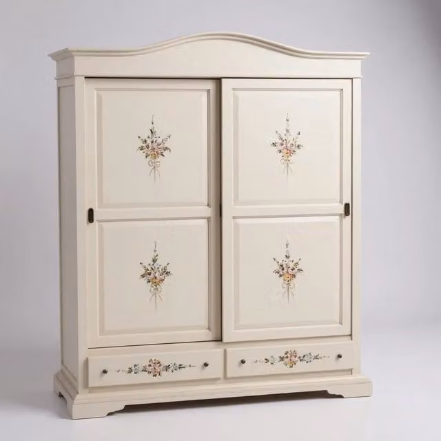 Armadio con 2 ante scorrevoli in stile shabby chic Mobili 2G colore avorio con decori floreali L: 180 cm, P: 67 cm, H: 225 cm