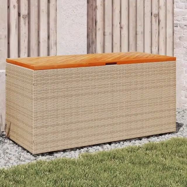 Contenitore da giardino vidaXL in rattan e legno di acacia oliato, beige e marrone, L 110 cm x P 50 cm x H 54 cm