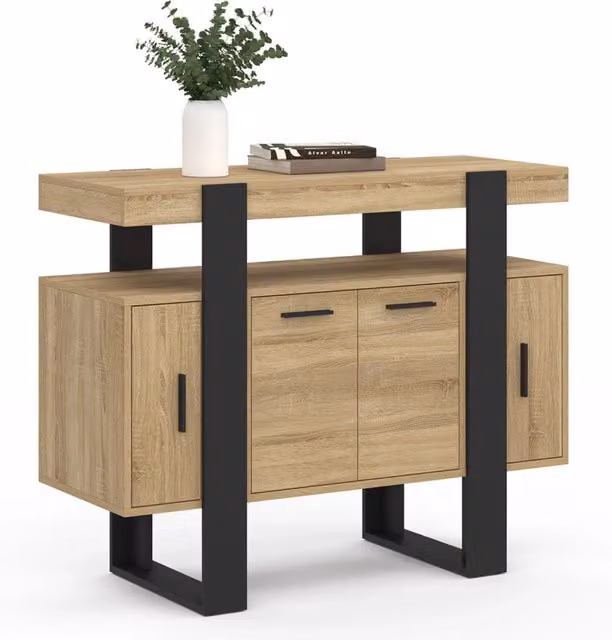 IDMarket Credenza PHOENIX in stile industrial con 4 ante, finitura opaca in legno e nero