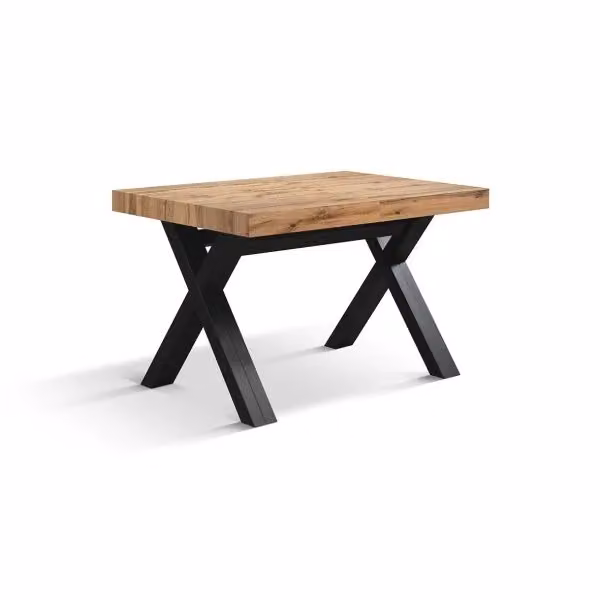 Tavolo VICENZA in legno, finitura rovere rustico e gambe incrociate in legno antracite, allungabile 120×80 – 320×80 cm