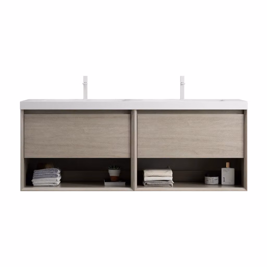 Mobile bagno sospeso moderno in legno rovere con doppio lavabo integrato in resina, 2 cassetti e 2 ripiani aperti, L: 140 cm, P: 46 cm, H: 60 cm – 2