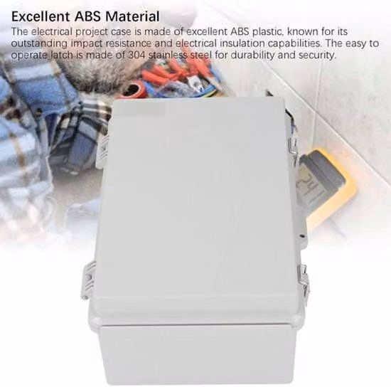 Contenitore elettrico da 200x300x130 mm in plastica ABS, con coperchio a battente e piastra di supporto a griglia - Grado di protezione IP67, resistente all'acqua - Alloggiamento elettronico per scatole di progetto elettriche di grandi dimensioni.