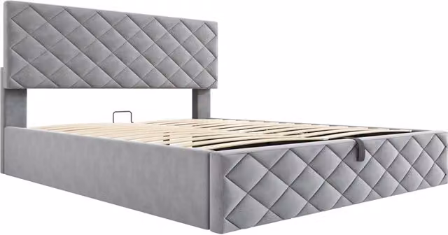 Letto imbottito con funzione idraulica, rete a doghe e contenitore 140x200 cm, grigio