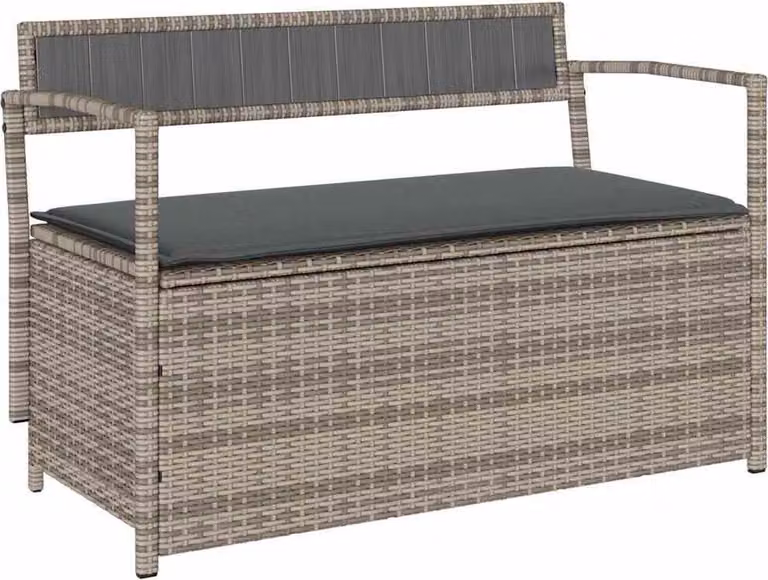 Panca Portaoggetti da Giardino con Cuscino Grigio in Polyrattan