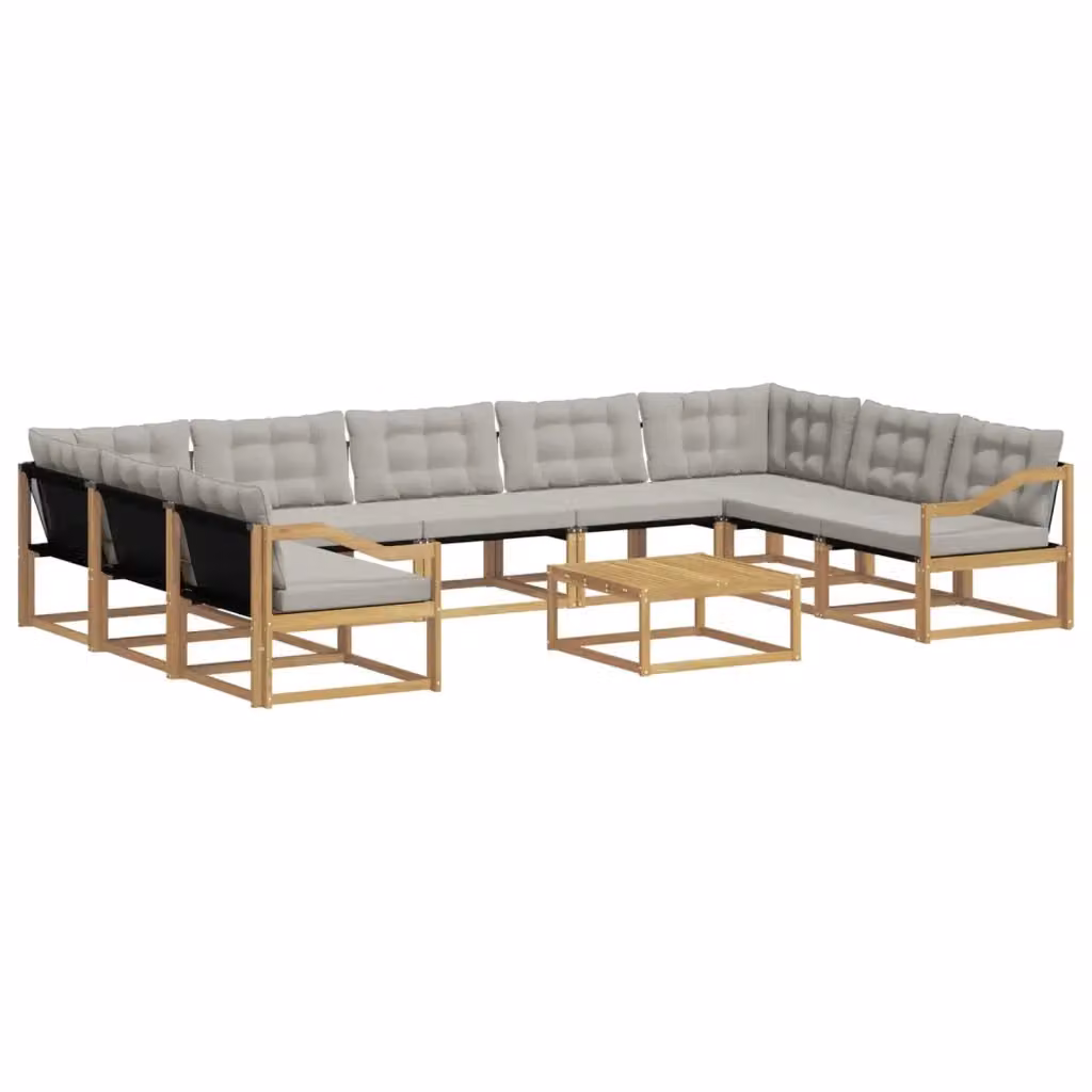 Set di divani da esterno a forma di U vidaXL in legno di acacia con tavolino e cuscini, Bianco e Grigio – 2