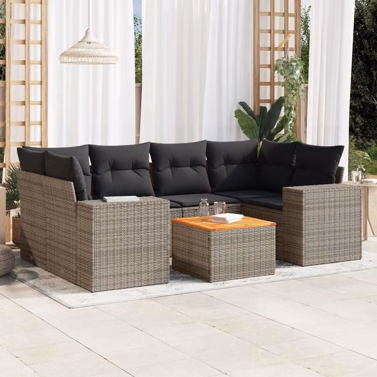 Set di divani da giardino vidaXL in polyrattan grigio con cuscini, componibile a forma di L per esterno