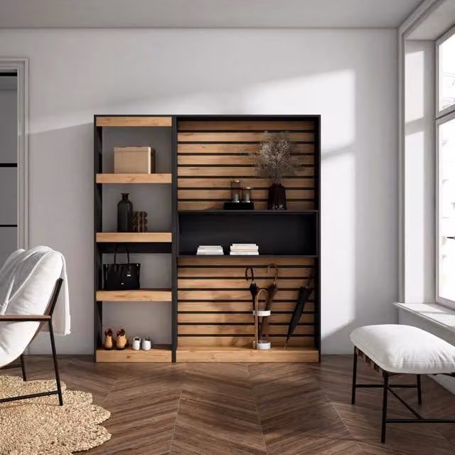 Libreria scaffale, 170x25x186cm, Soggiorno - Ufficio, Per libri, colore Rovere e nero RF2340