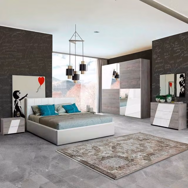 Completa camera da letto moderna Mania in laccato lucido grigio e bianco con armadio, letto con contenitore, cassettiera, comodino, specchio e struttura imbottita 182 x 205 cm
