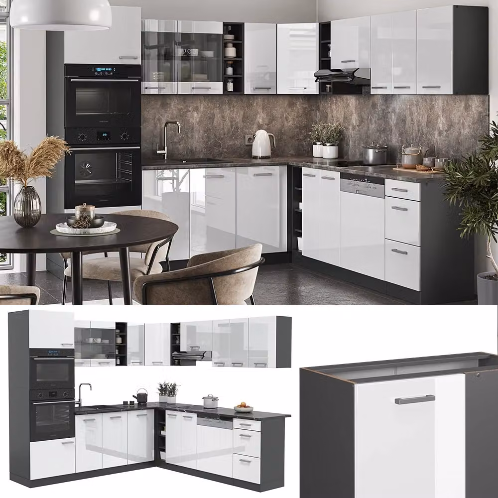 Cucina angolare moderna Vicco R-Line Bianco lucido e Antracite senza piano di lavoro L: 247 cm, P: 237 cm – 2
