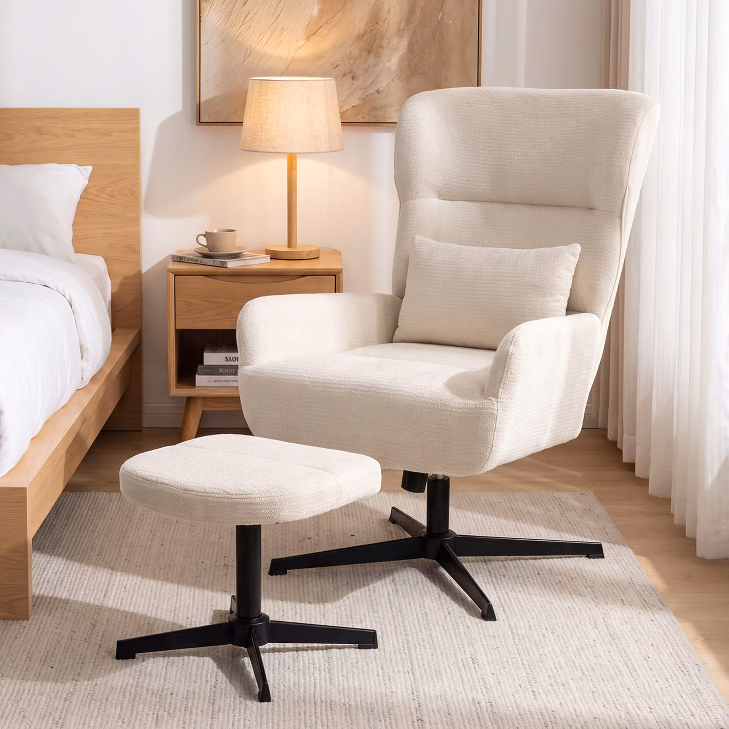 Poltrona Lounge HOMCOM Girevole 360° con Poggiapiedi e Altezza Regolabile, Bianco Crema – 2