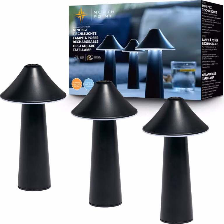 Lampada da tavolo LED moderna Northpoint a forma di fungo, set da 3 pezzi, per interni ed esterni, intensità regolabile in continuo, ricarica USB, cambio colore CCT, tenda nera