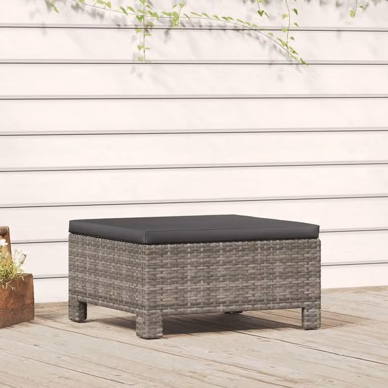The Living Store Sgabello da giardino con cuscino in Poly Rattan grigio