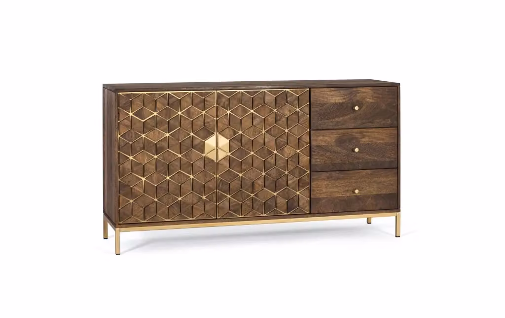 Credenza moderna in legno di mango e metallo marrone e oro con design geometrico per la tua sala da pranzo – 2