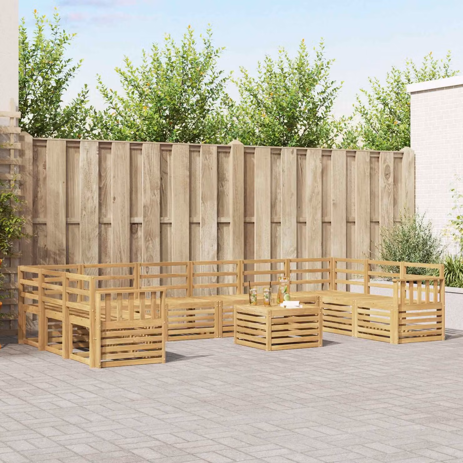 vidaXL Set di divani da esterno 11 pz in legno di acacia massello con cuscini bianchi e marroni per giardino e terrazza