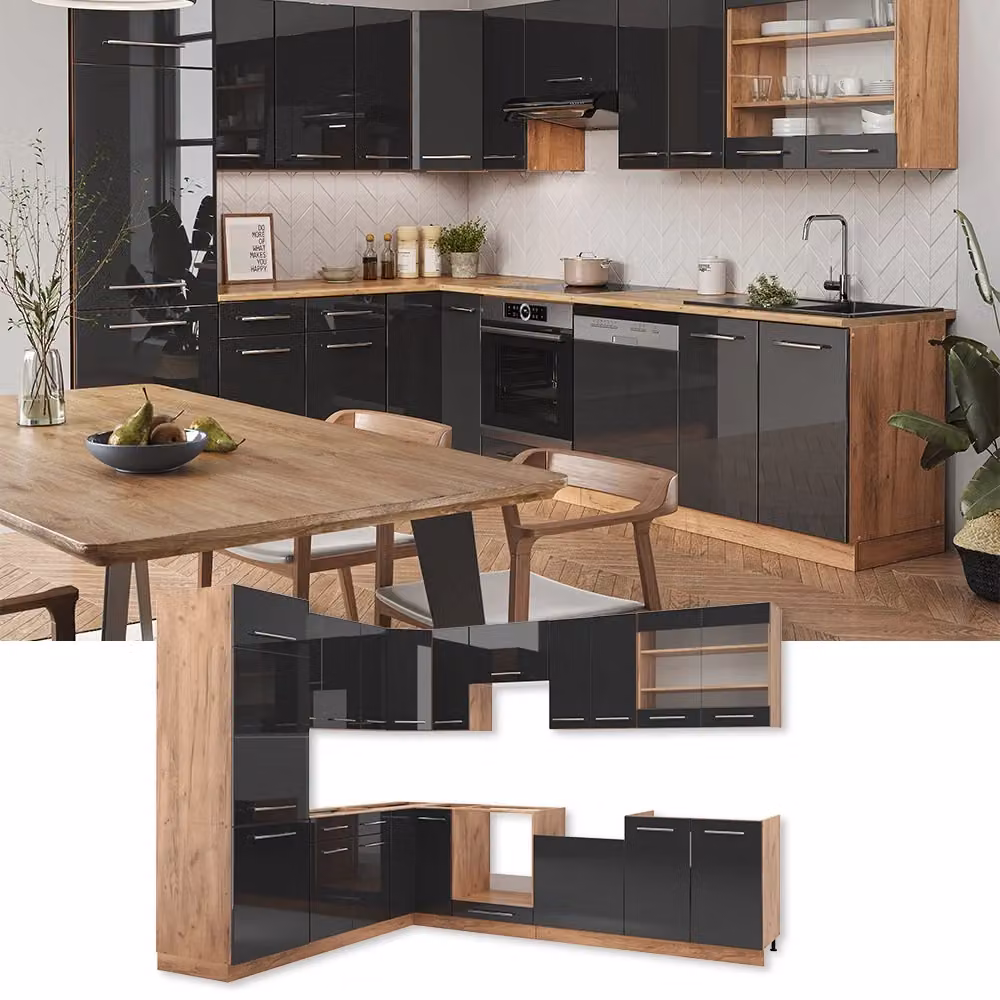 Cucina angolare completa Fame-Line Vicco Antracite lucido e Rovere dorato L/P/H: 287 x 227 x 85 cm – 2