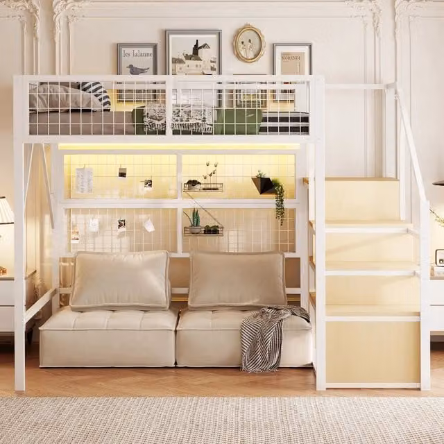 Letto a soppalco 140x200 in metallo bianco; letto rialzato salvaspazio con scala contenitore e luci LED