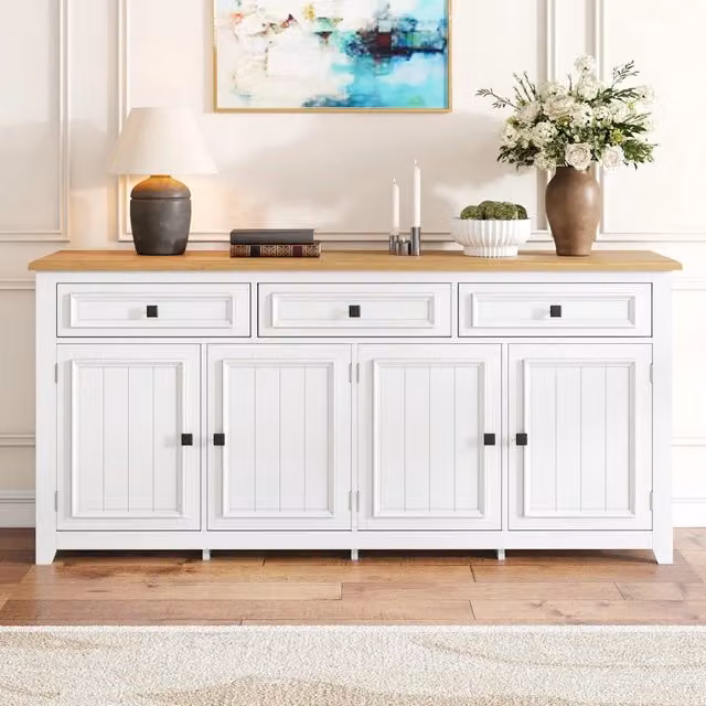 Madia con 3 cassetti e 4 ante con ripiani regolabili per soggiorno ingresso o camera in MDF bianco 160×35×76 cm