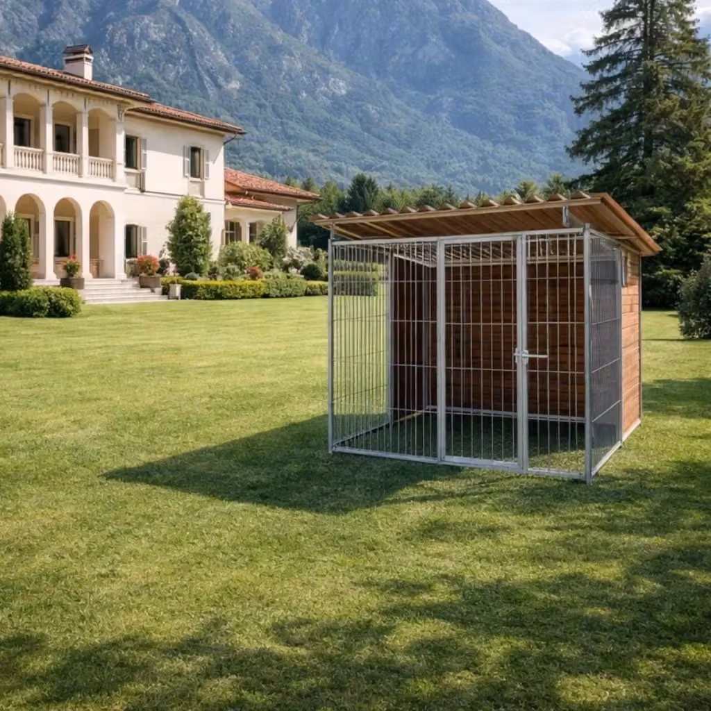 Box per cani da esterno SIDERBOX in legno e metallo marrone con tetto e pavimento rialzato H 180 x L 300 x P 200 cm – 2