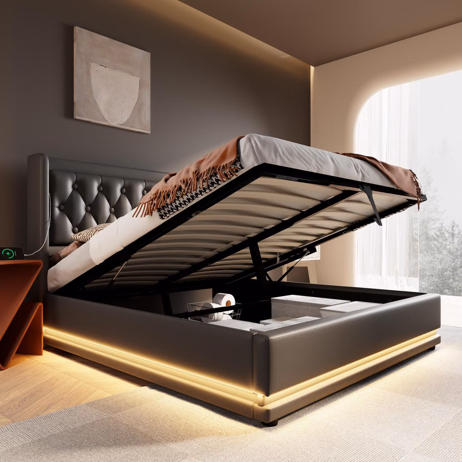 Letto imbottito Flieks 180x200cm con USB e Type-C, letto matrimoniale per ragazzi con LED, letto contenitore idraulico con rete a doghe, PU, nero