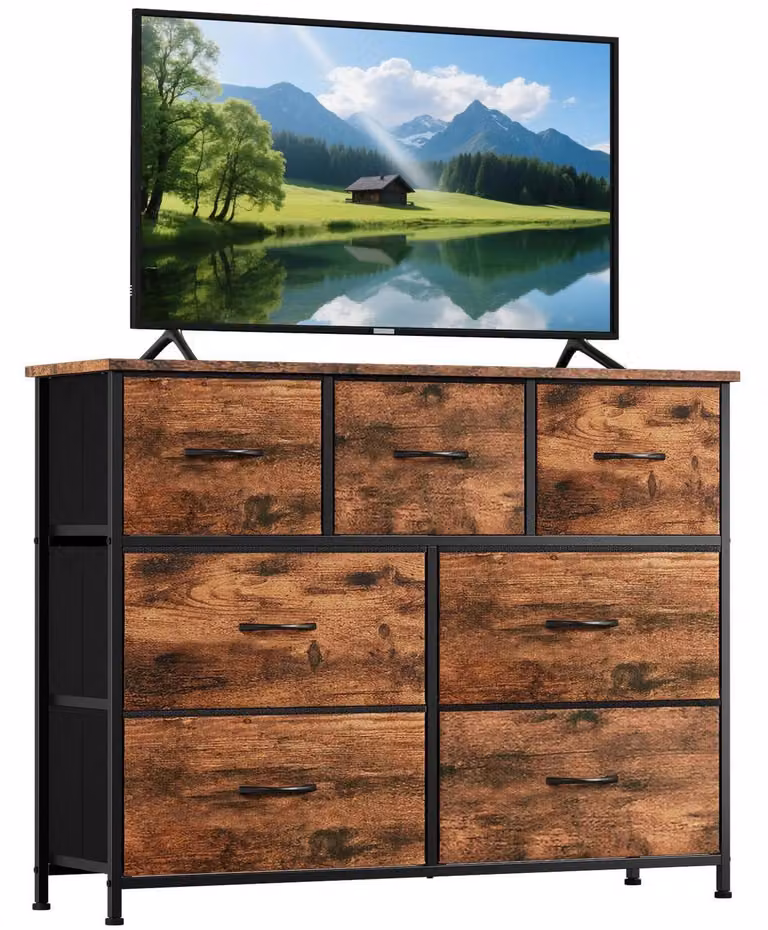 Comodino in tessuto con 7 cassetti, dimensioni 100x77x30 cm, finitura effetto legno