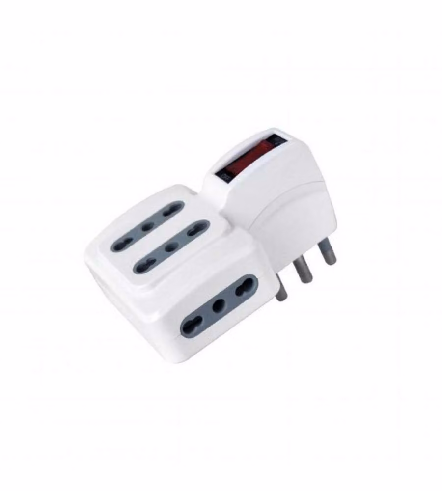 Adattatore Multipresa V-TAC Bianco con 2 Prese Laterali e 2 Frontali 10/16A 2P+T Bipasso e Interruttore Luminoso