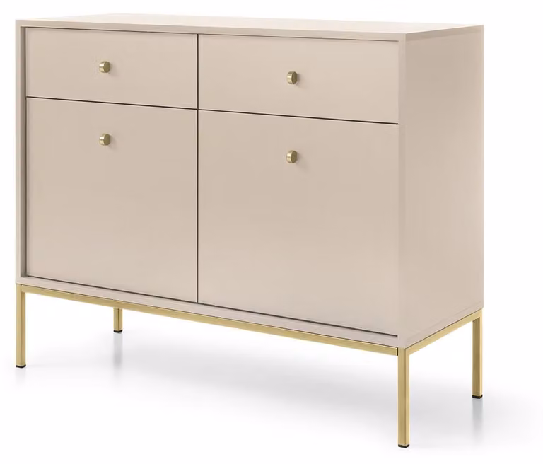 Comodino con due cassetti e due ante, color beige, maniglie dorate