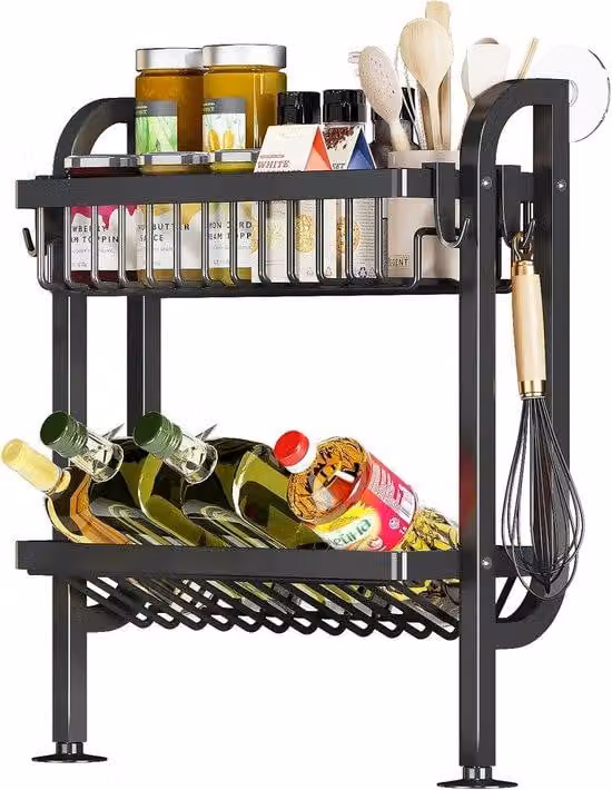 Scaffale da cucina per la preparazione dei piatti, scaffale a due ripiani con montaggio a parete e viti a spirale, scaffale da cucina senza forature, nero